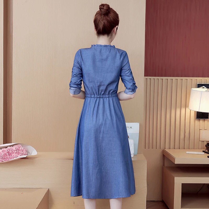 ĐẦM JEAN XÒE TAY DÀI CỔ BÈO TRÒN